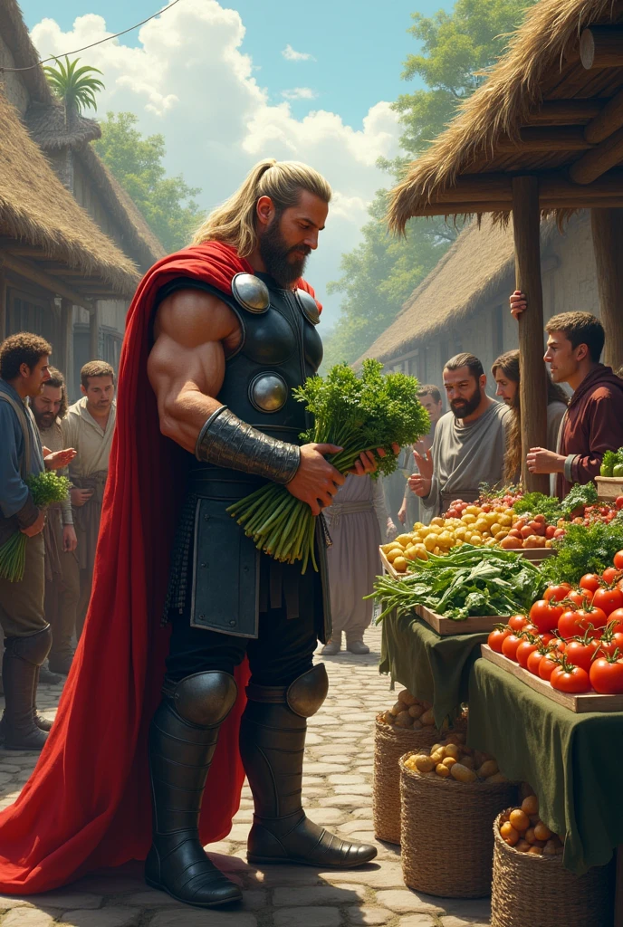 Thor in village selling vegetables to people