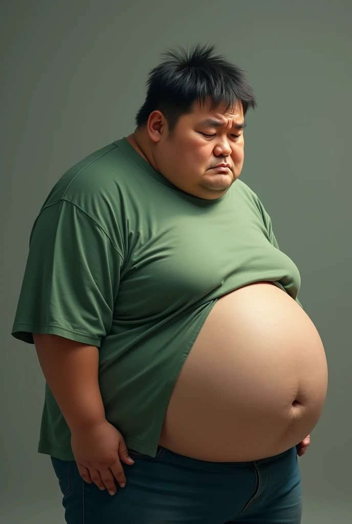 Sad man with large belly because of lots of fat anf improper diet. Make it look like asian. Wear a green shirt