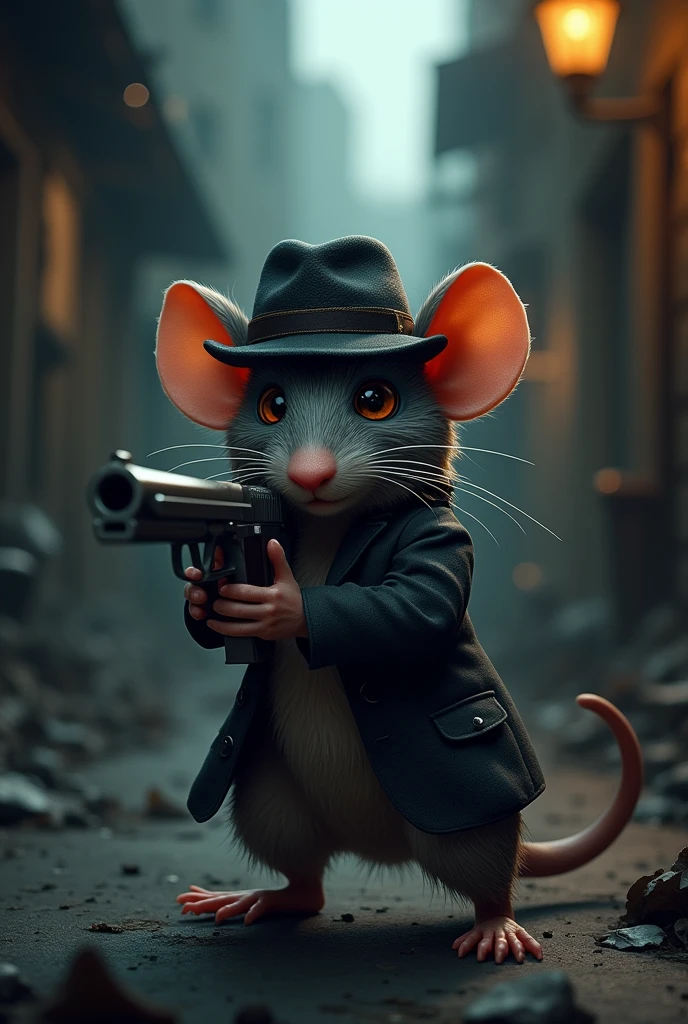 A rat with gun with hat 
