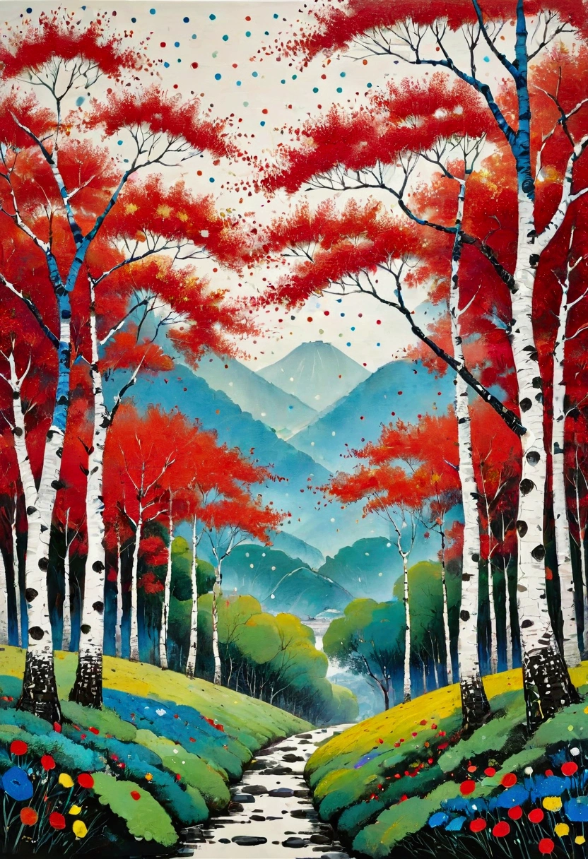 2d,flat,Pointillism method:1.37,Chinese style,modern Art,Fine-brush Painting,Chinese aesthetics,Printing pattern,Color ink,Polka dot art,((Dot:1.9)),Freehand,artistic conception,Wu Guanzhong's artistic style,Minimalism,Birch,Red and blue,Emphasis on density