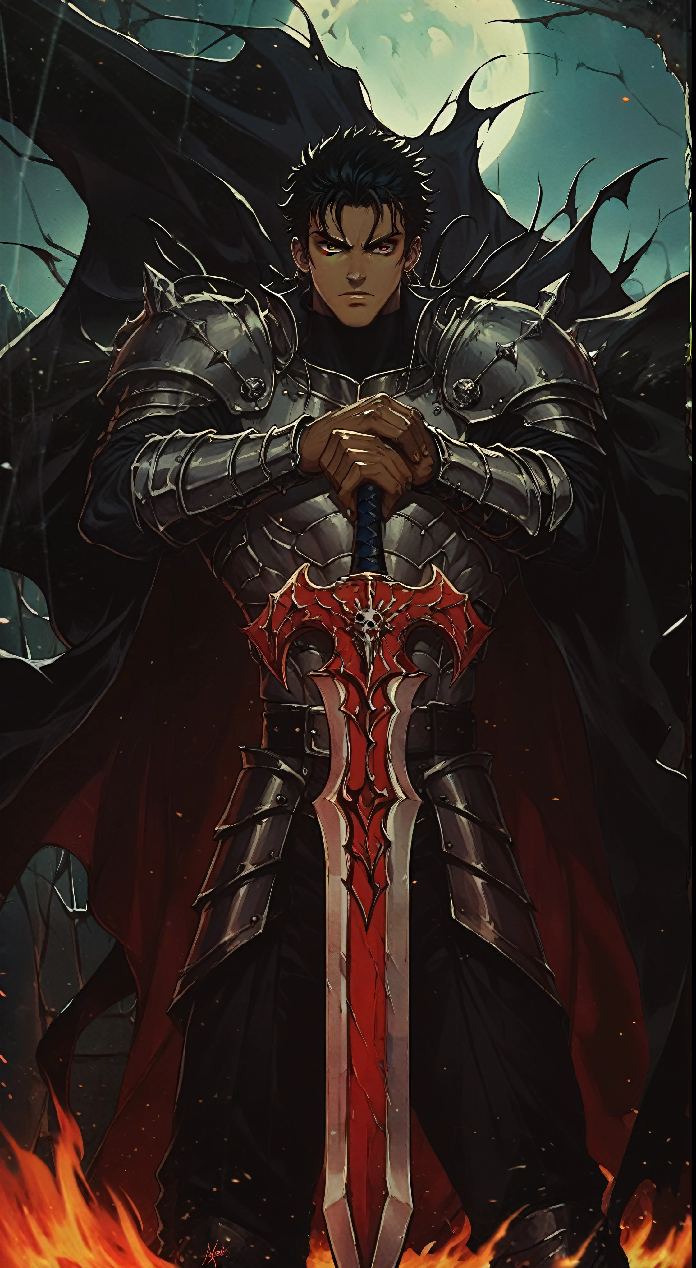 a close up of a person holding a sword in a fire, berserk skullknight black armor, dark skin,berserk art style, handsome guy in demon slayer art, male paladin, a human male paladin,hair tied back, by Yang J, ares with heavy armor and sword, anthropomorphic raven knight, with large sword, epic fantasy art style, holds a black sword