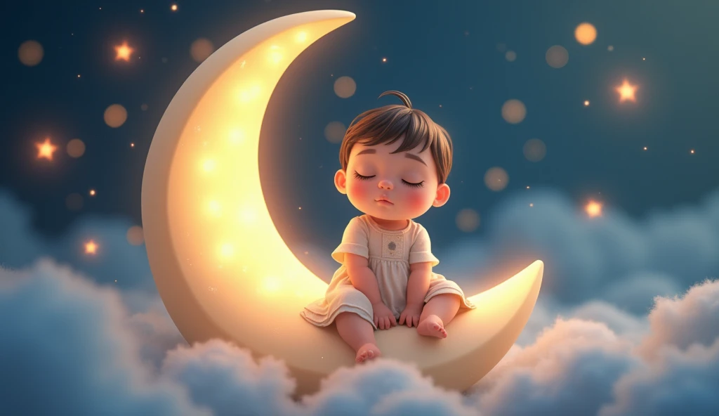 a child listening to a lullaby, gently sitting on a crescent moon in a fairytale space, many stars around, sleeping with eyes closed, cartoon style child, (best quality,4k,8k,highres,masterpiece:1.2),ultra-detailed,(realistic,photorealistic,photo-realistic:1.37),beautiful detailed eyes,beautiful detailed lips,extremely detailed eyes and face,longeyelashes,whimsical,magical,dreamlike,soft lighting,glowing stars,pastel colors,warm tones,ethereal,soothing,peaceful