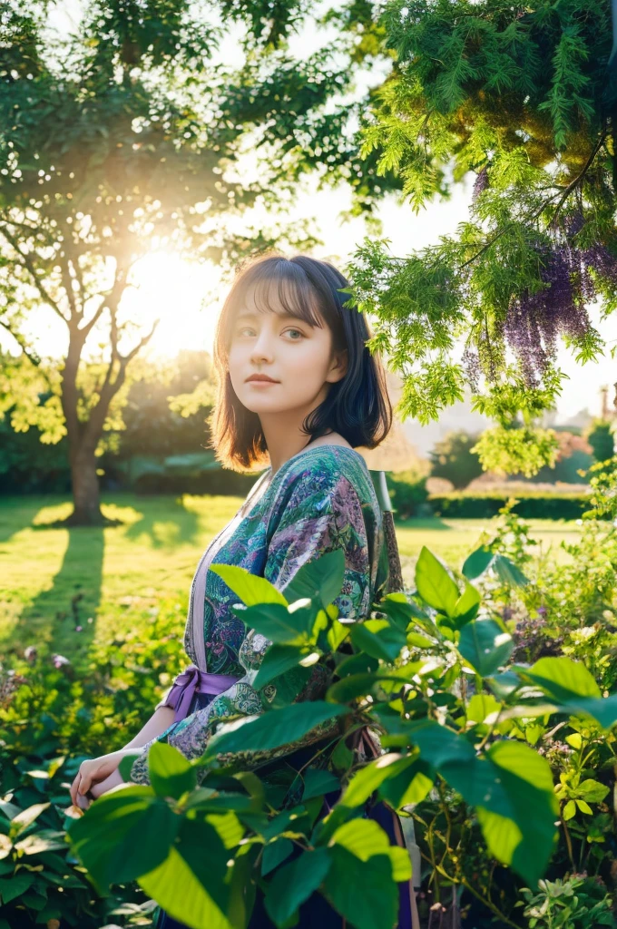 Mistik, RAW photo, beautiful girl in the garden, sunset, tree branches, green and purple shades in the landscape, organic pattern, photography, natural light, perfect composition, high detail, hyperrealistic, atmosphere of magic