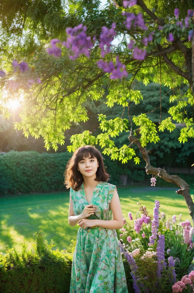 Mistik, RAW photo, beautiful girl in the garden, sunset, tree branches, green and purple shades in the landscape, organic pattern, photography, natural light, perfect composition, high detail, hyperrealistic, atmosphere of magic