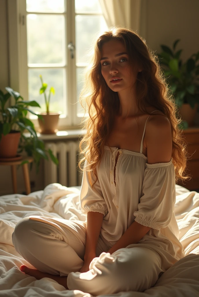 (photorealism:1.2), beautiful woman, sitting on bed, wearing loose off-shoulder top, pajama pants, long curly hair, indoors, soft lighting, plants in background, window with sunlight, cozy room, relaxed pose, realistic, intricate details, warm colors, by Greg Rutkowski, by Alphonse Mucha