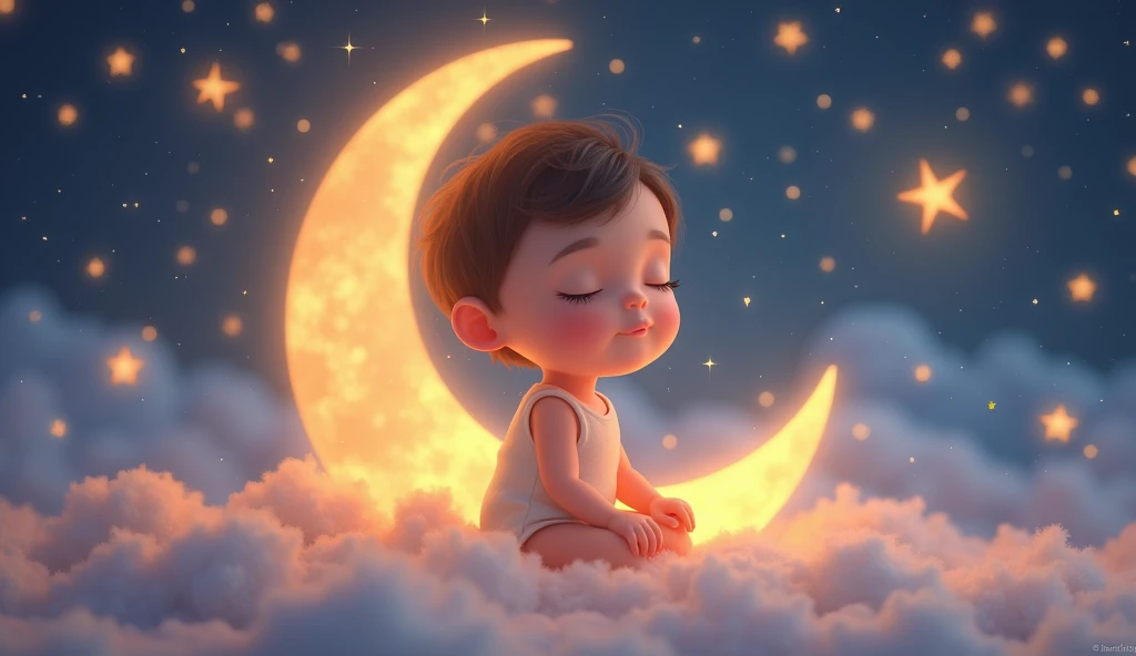a child listening to a lullaby, gently sitting on a crescent moon in a fairytale space, many stars around, sleeping with eyes closed, cartoon style child, (best quality,4k,8k,highres,masterpiece:1.2),ultra-detailed,(realistic,photorealistic,photo-realistic:1.37),beautiful detailed eyes,beautiful detailed lips,extremely detailed eyes and face,longeyelashes,whimsical,magical,dreamlike,soft lighting,glowing stars,pastel colors,warm tones,ethereal,soothing,peaceful