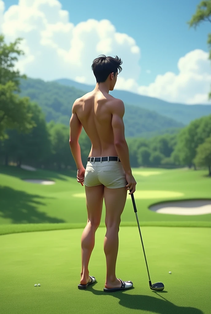 Real photo style、Realistic、Cute handsome man、Idol face、、Japanese、Slim body、Mash Hair、Completely naked、Full nudity、Back view of a man playing golf on the golf course、Butt Exposed