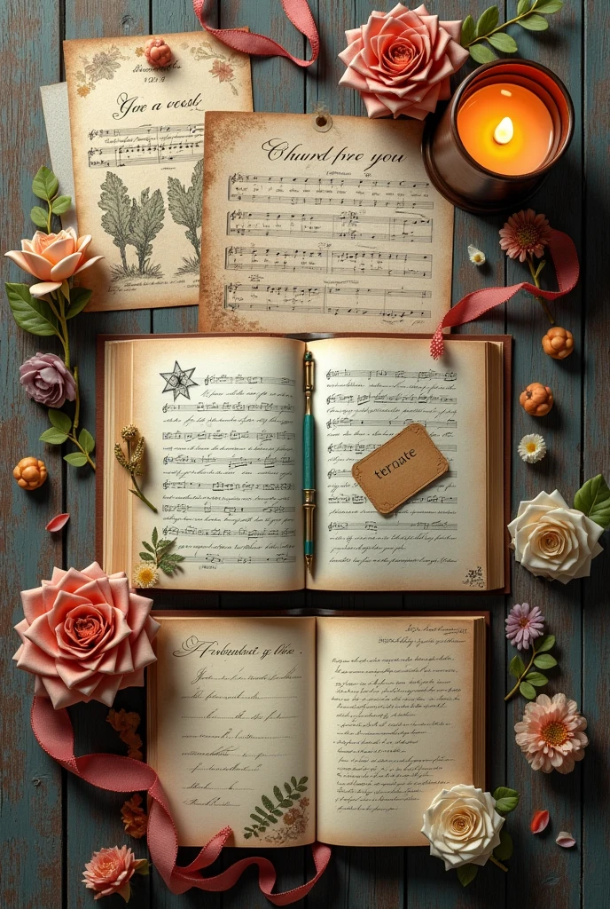 a collection of vintage-style papers and objects arranged on a wooden surface. Among the elements are handwritten notes, printed illustrations of flowers and birds, musical notations on a sheet, an open book with text, a lit candle, and ribbons. The overall arrangement exudes an artistic and nostalgic vibe, suggesting an interest in scrapbooking or creative journaling. a separate small piece of paper that says "TERNATE".