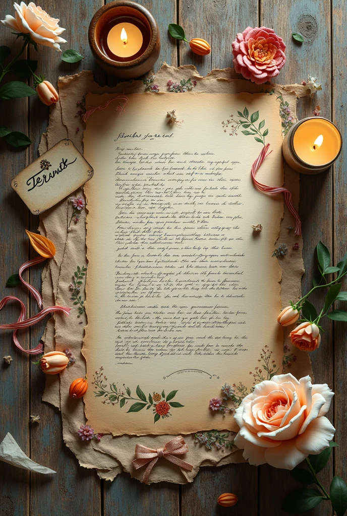 a collection of vintage-style papers and objects arranged on a wooden surface. Among the elements are handwritten notes, printed illustrations of flowers and birds, musical notations on a sheet, an open book with text, a lit candle, and ribbons. The overall arrangement exudes an artistic and nostalgic vibe, suggesting an interest in scrapbooking or creative journaling. a separate small piece of paper that says "TERNATE".