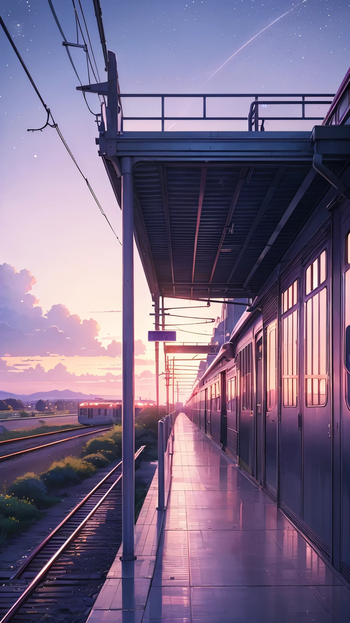 Animated scene of a train passing under a pink and purple sky, Anime drawing by Makoto Shinkai, Topics on pixiv, magical realism, Beautiful anime scene, Space Sky. by Makoto Shinkai, ( ( Makoto Shinkai ) ), by Makoto Shinkai, Anime Background Art, style of Makoto Shinkai, Beautiful views