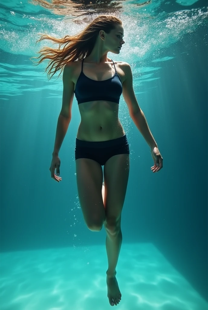 The Girl Dressed In Her Sports Bra And Shorts And Her Very Flat Stomach Is Swimming Underwater
