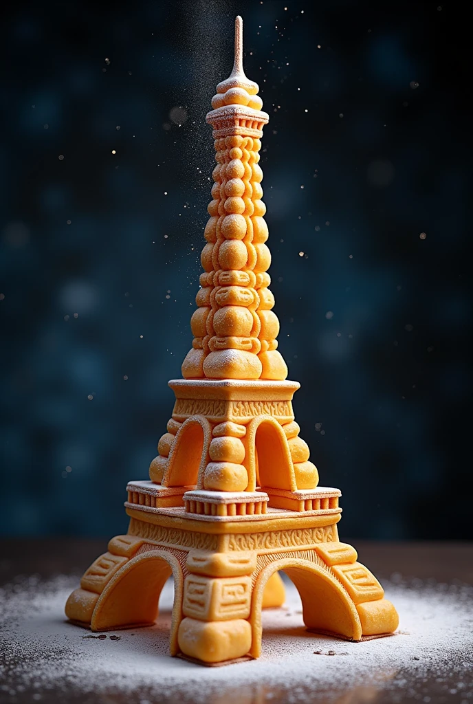 "Imagine the Eiffel Tower as a towering croquembouche, with delicate choux pastries stacked to perfection, held together by strands of spun sugar, and topped with a dusting of powdered sugar to resemble the sparkling lights of Paris at night."