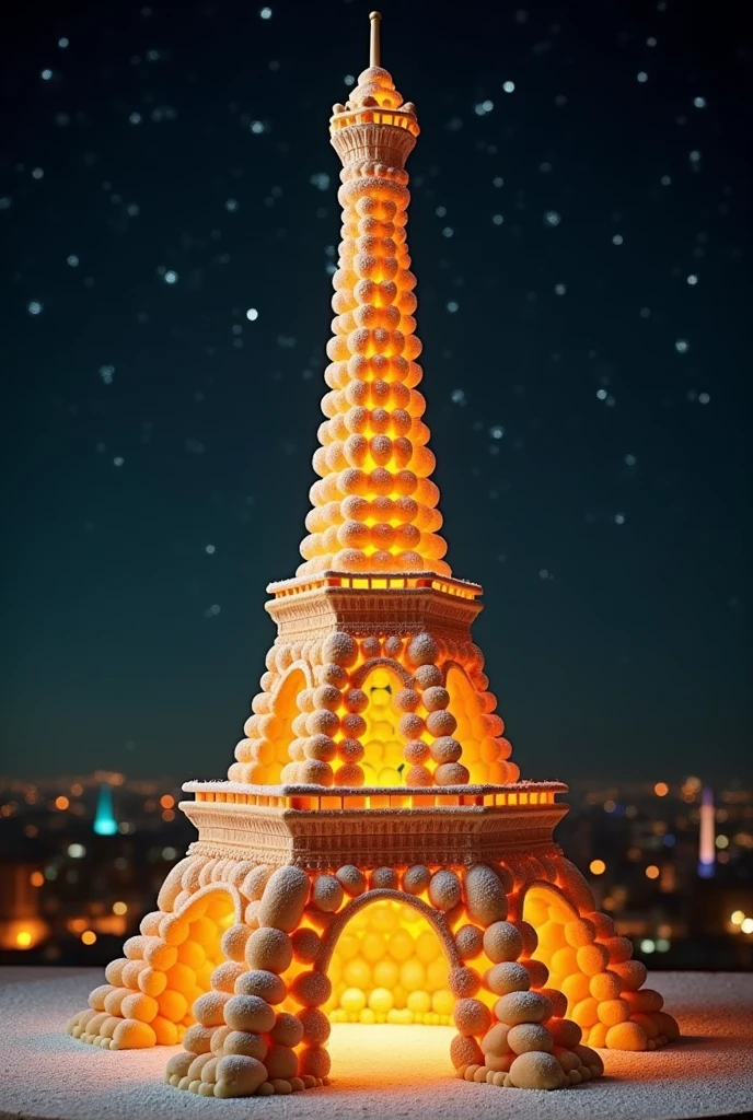 "Imagine the Eiffel Tower as a towering croquembouche, with delicate choux pastries stacked to perfection, held together by strands of spun sugar, and topped with a dusting of powdered sugar to resemble the sparkling lights of Paris at night."
