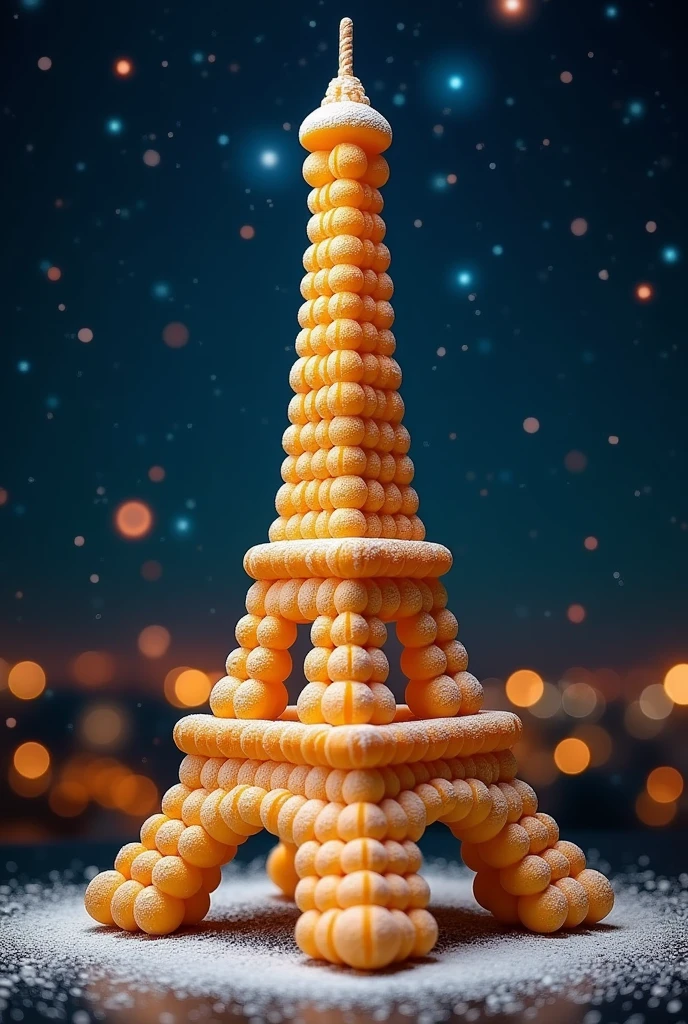"Imagine the Eiffel Tower as a towering croquembouche, with delicate choux pastries stacked to perfection, held together by strands of spun sugar, and topped with a dusting of powdered sugar to resemble the sparkling lights of Paris at night."