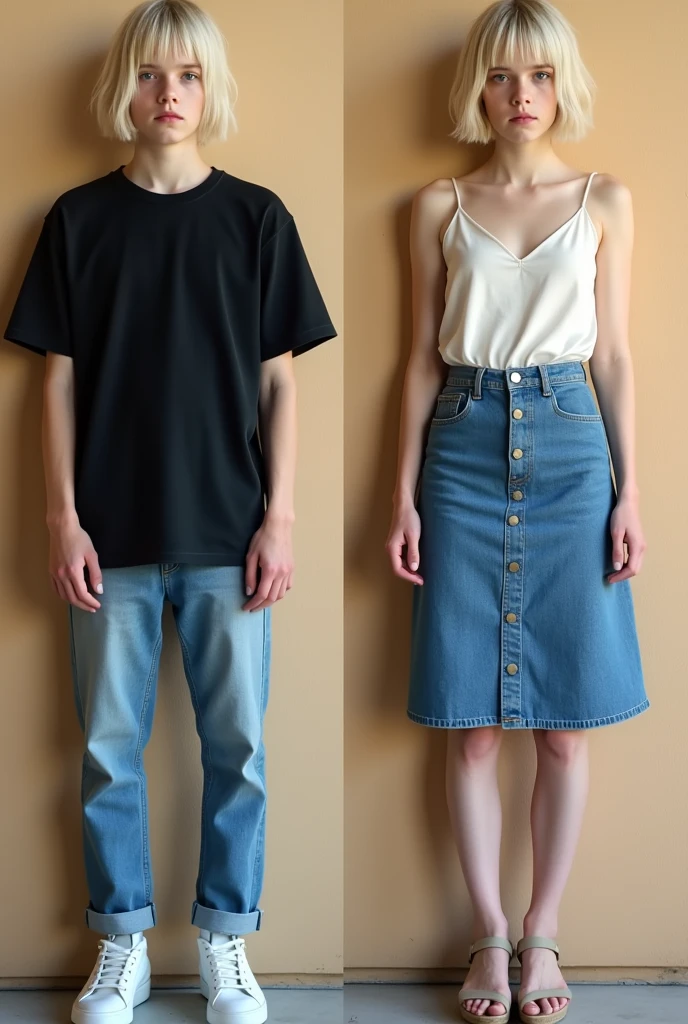 Create a split image of the same young man with short blond hair, androgynous face and body wearing a black shirt, jeans and white sneakers on one side and on the other wearing a thin-strap blouse, blue denim skirt and wedge sandals on his feet with a wooden wall in the background.