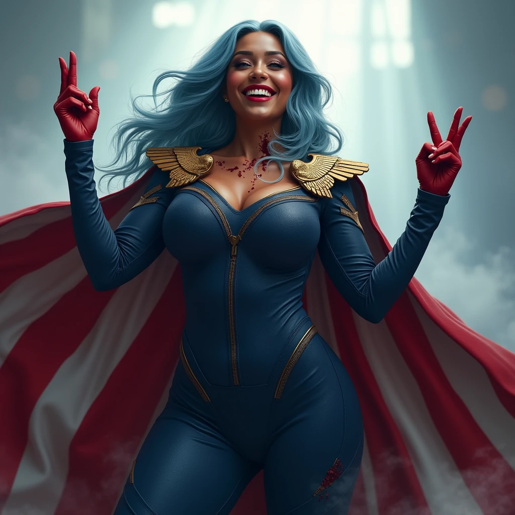 A powerful superhero character , She form a heart sign her hands. She's beautiful a biracial latina woman .She wears a dark blue, textured full bodysuit with golden like heads of eagle on her shoulders and wear red long gloves until her elbows. She have got long light blue hair, light blue eyes, large breast. She's laughing. A large and imposing American flag cape billows behind her, adding a sense of movement to the scene. There are lot of stains of blood on her face and on her suit ,The atmosphere around her is misty, with beams of light piercing through the clouds, highlighting the figure in a heroic manner, photorealistic, Grand angle,