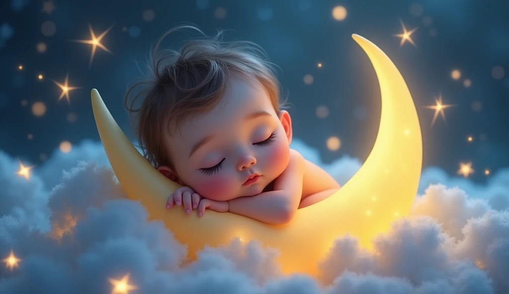 a child listening to a lullaby, gently sitting on a crescent moon in a fairytale space, many stars around, sleeping with eyes closed, cartoon style child, (best quality,4k,8k,highres,masterpiece:1.2),ultra-detailed,(realistic,photorealistic,photo-realistic:1.37),beautiful detailed eyes,beautiful detailed lips,extremely detailed eyes and face,longeyelashes,whimsical,magical,dreamlike,soft lighting,glowing stars,pastel colors,warm tones,ethereal,soothing,peaceful