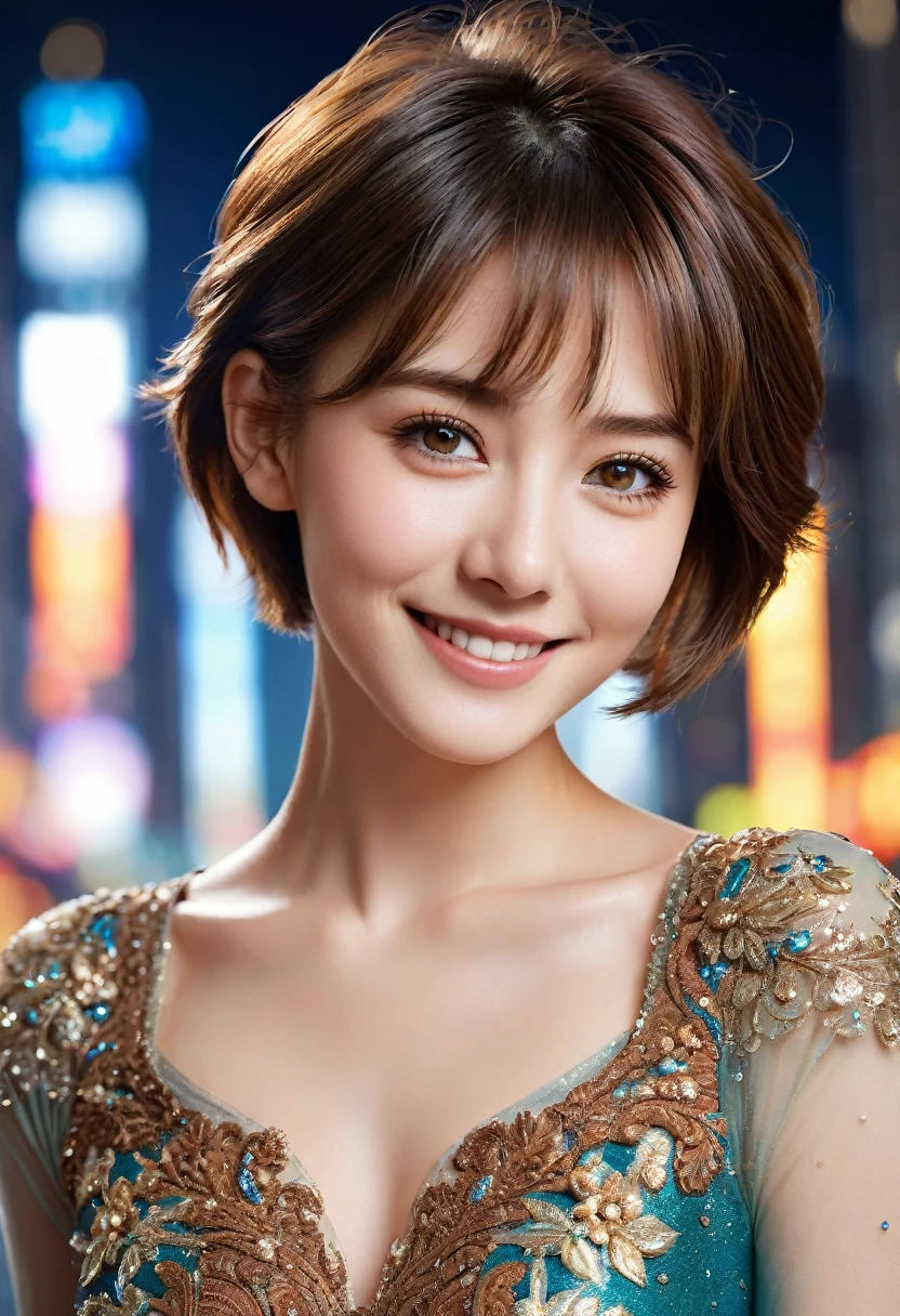30 years old, One Woman, perfectionなボディ, Very delicate and beautifully detailed face, Beautiful attention to detail, short hair, Brown Hair, perfectionな顔, Brown Hair, Good hairstyle,  perfectionな比率, ((Detailed face)), smile, Expressive eyes, (Very detailed:1.3), Beautiful sparkle, Very detailed, (Detailed costume, Detailed clothing), (Dynamic pose:1.0), Focus Only, Centered, Scale to fit dimensions, Rule of thirds,  New York Manhattan background,(Highest quality), (High resolution), (Sharp focus), (Very detailed), ((超超超細部までこだわったperfectionな作品)), perfection, (((Tabletop))), Vibrant colors, (Complex), High Contrast, Selective lighting, Double exposure, Hmph (Dynamic Range), Post-processing, Background Blur, 