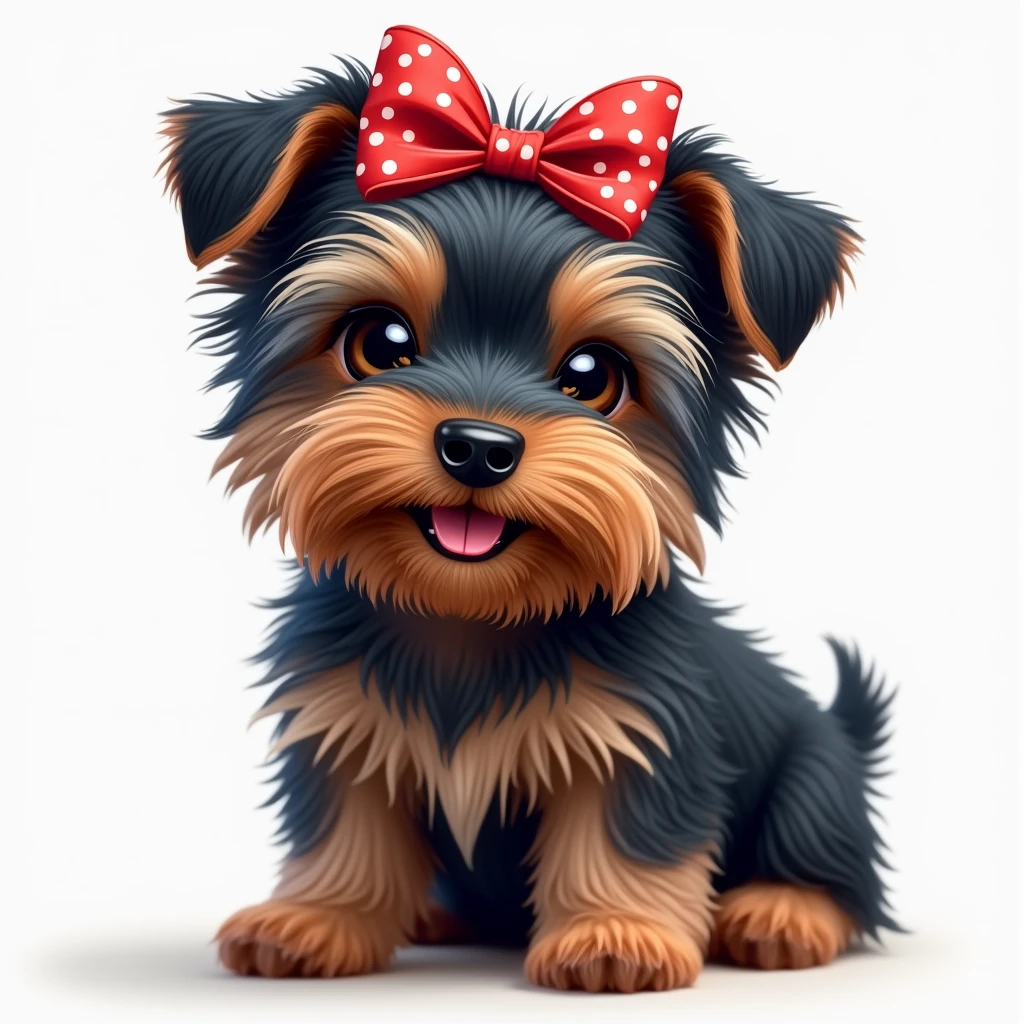 (photorealism:1.2), cute adorable Yorkshire Terrier puppy with a black-blue coat, lighter shades on face and paws. Her fur is long silky and smooth, wears two small red bows with white polka dots on her head, in differente pose The puppy has sparkling eyes and a cheerful, slightly open mouth.