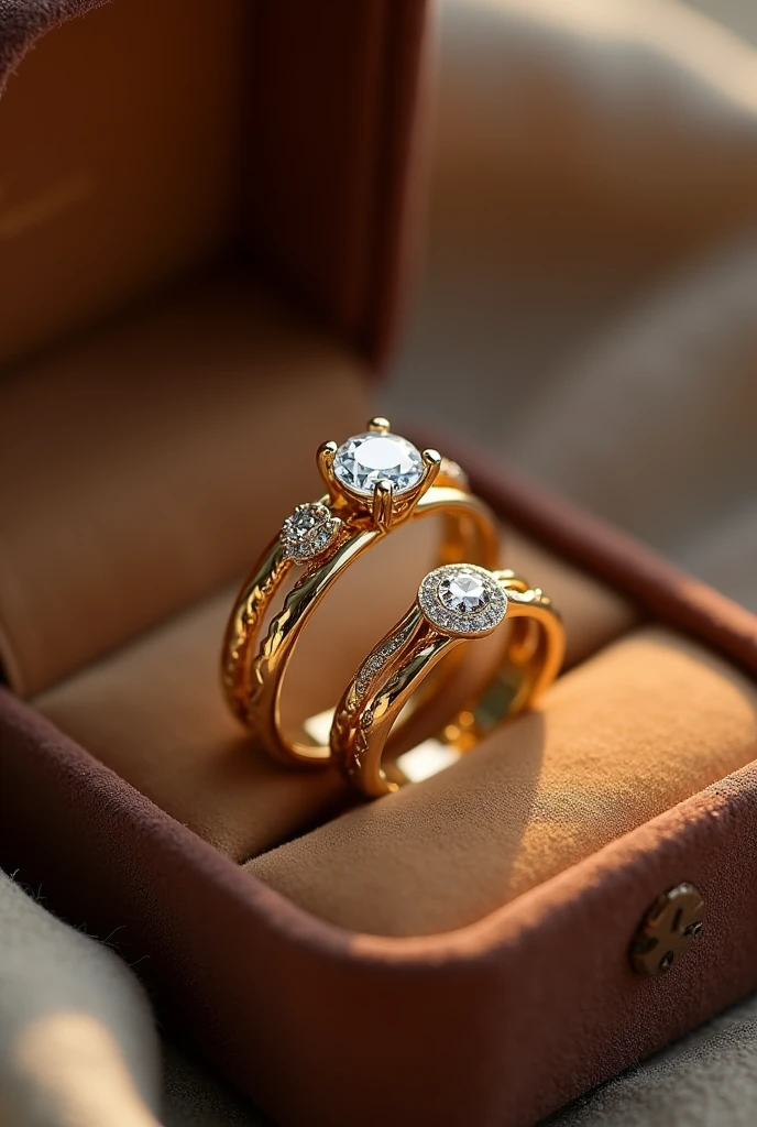 pair of gold-colored wedding and engagement rings in a velvet box, the men&#39;s ring is simple, only smooth with a light braided finish around it matching the women&#39;s ring the women&#39;s ring has a brilliant minimalist diamond stone reminiscent of a flower and around it a braided finish with small diamonds on the inside of the rings the word is engraved "AKAI TO"
