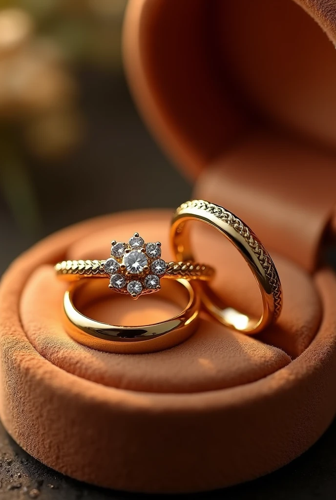 pair of gold-colored wedding and engagement rings in a velvet box, the men's ring is simple, only smooth with a light braided finish around it matching the women's ring the women's ring has a brilliant minimalist diamond stone reminiscent of a flower and around it a braided finish with small diamonds on the inside of the rings the word is engraved "AKAI TO"