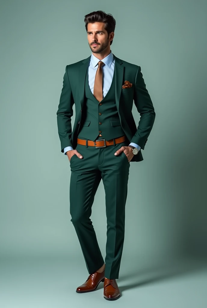 Hritik roshan wearing dark olive green suit with light blue shirts and light brown shoes,light brown tie,light brown watch and light brown belt Full body view clean shaved