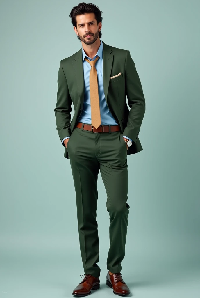 Hritik roshan wearing dark olive green suit with light blue shirts and light brown shoes,light brown tie,light brown watch and light brown belt Full body view clean shaved