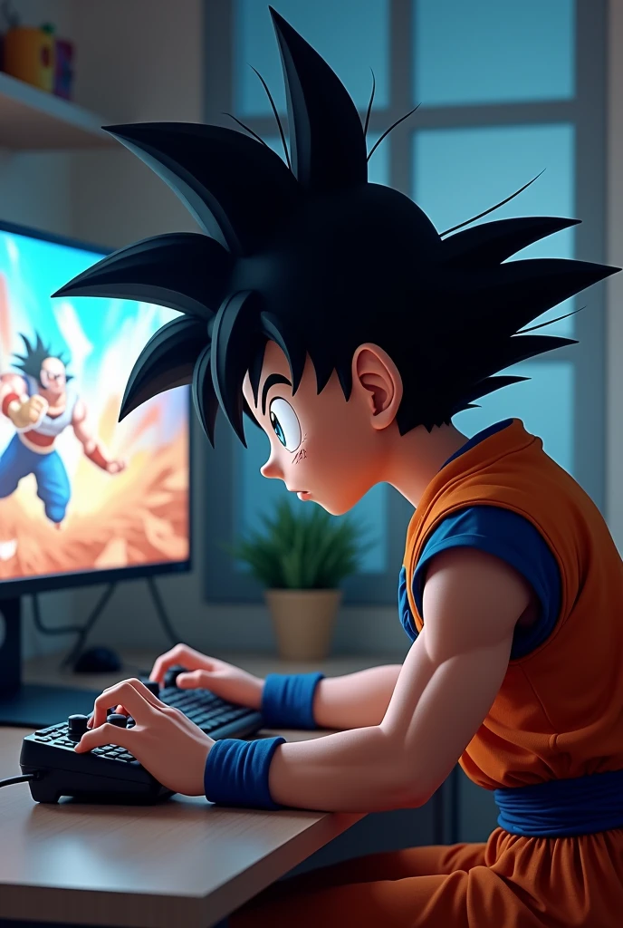 Goku playing game on his computer 