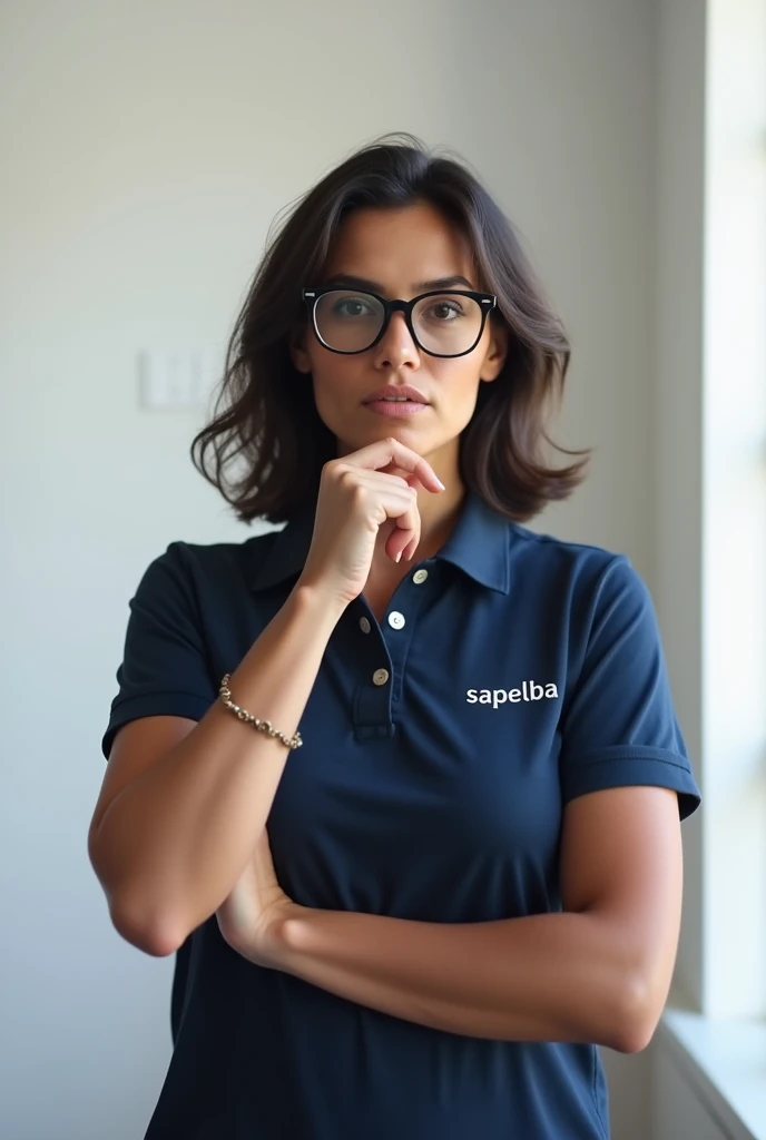 a one woman, who wears glasses as if he were explaining something, and she is in a room alone with white walls, with a navy blue polo shirt and has the name written on the right side of the chest "Sapelba", Brazilian. 