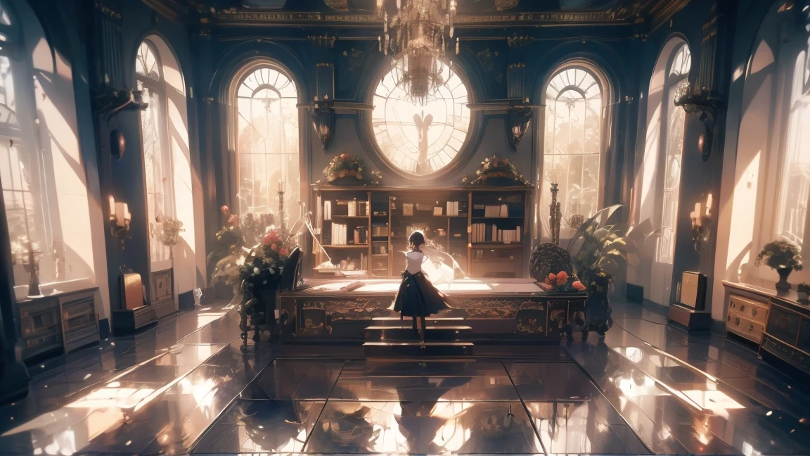"score_9, wide_shot, full_body_shot, high_angle, balanced_composition, focus_on_person_6, environment_detail_8_and_above, deep_Makoto_Shinkai_style, Korean_woman, dynamic_pose, cinematic_lighting, emphasis_on_instruments,
In a typical music practice room, various musical instruments are neatly arranged: a drum set, a bass guitar, an electric guitar, a keyboard, and other instruments like a violin and a saxophone are placed around the space. The walls are lined with soundproof padding, music stands, and shelves filled with sheet music and old records. The wooden floor is polished, and the room has a sense of organization typical of a practice space.
The scene is captured from a high angle, looking down on a Korean woman standing in the center of the room. She has a sleek black short haircut, giving her a modern and edgy appearance. She is dressed in a black crop top and denim hot pants, exuding confidence and style. Her expression is one of joy and focus as she sings, her body moving rhythmically to the music. She holds a microphone in one hand, her pose dynamic and engaging, suggesting she is fully immersed in the performance.
The lighting in the room is warm and soft, inspired by Makoto Shinkai’s cinematic style, casting gentle shadows that add depth to the scene. Beams of light filter through the windows, illuminating the instruments and creating a serene yet vibrant atmosphere. The colors are vivid, with the black and denim of the woman’s outfit contrasting beautifully against the warm tones of the room. The scene captures the harmony between the woman and her environment, blending the ordinary setting of a practice room with the extraordinary feeling of a live performance, typical of Shinkai's work."