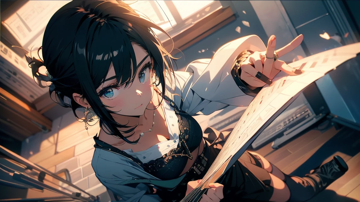 "score_9, wide_shot, full_body_shot, high_angle, balanced_composition, focus_on_person_6, environment_detail_8_and_above, deep_Makoto_Shinkai_style, Korean_woman, dynamic_pose, cinematic_lighting, emphasis_on_instruments,
In a typical music practice room, various musical instruments are neatly arranged: a drum set, a bass guitar, an electric guitar, a keyboard, and other instruments like a violin and a saxophone are placed around the space. The walls are lined with soundproof padding, music stands, and shelves filled with sheet music and old records. The wooden floor is polished, and the room has a sense of organization typical of a practice space.
The scene is captured from a high angle, looking down on a Korean woman standing in the center of the room. She has a sleek black short haircut, giving her a modern and edgy appearance. She is dressed in a black crop top and denim hot pants, exuding confidence and style. Her expression is one of joy and focus as she sings, her body moving rhythmically to the music. She holds a microphone in one hand, her pose dynamic and engaging, suggesting she is fully immersed in the performance.
The lighting in the room is warm and soft, inspired by Makoto Shinkai’s cinematic style, casting gentle shadows that add depth to the scene. Beams of light filter through the windows, illuminating the instruments and creating a serene yet vibrant atmosphere. The colors are vivid, with the black and denim of the woman’s outfit contrasting beautifully against the warm tones of the room. The scene captures the harmony between the woman and her environment, blending the ordinary setting of a practice room with the extraordinary feeling of a live performance, typical of Shinkai's work."
