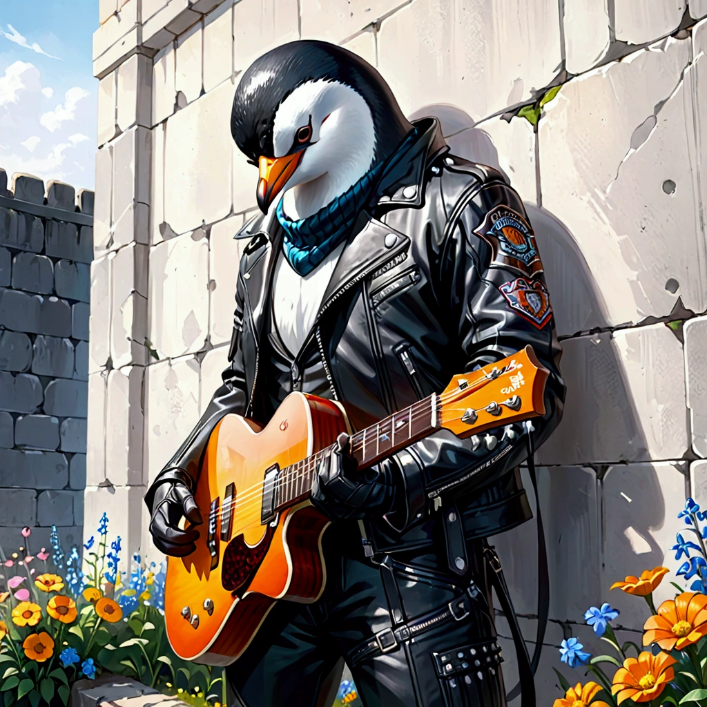 Closeup, an extremely badass anthropomorphic penguin wearing an insanely cool black leather Harley Davidson biker jacket open, black leather biker gloves, black leather biker pants holding an acoustic guitar, leaning against a stone wall surrounded by wildflowers, intricate detail, delicate detail, hyper realistic, oil painting, masterpiece