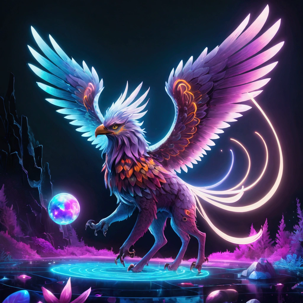 a fierce griffon,(best quality,4K,8K,high resolution,masterpiece:1.2),Extremely detailed, [Vibrant colors], [Psychedelic pattern], [Glittering texture], [Abstract shapes], [unique design], [Fascinating light], [Creative Composition], [Playful elements], [Dreamy atmosphere], [ArtisticExpressions], [Fantasy surrealism], [Vibrant movement], [Futuristic Aesthetics], [Magical charm], [Bold and energetic], [Psychedelic atmosphere], [Neon lights], [Compromise], [Ethereal Beauty], [An otherworldly experience], [Whimsical touch], [sensory overload], [mind-bending fantasy], [Electricity], [Hypnotic vision], [Mysterious nature], [Imaginative footwear], [Eye-Catching Details], [Dynamic comparison], [Psychedelic color palette], [exquisite craft], [Appealing visuals], [Fascinating perspective], [Unconventional design], [Thinking expansion], [Unforgettable shock].