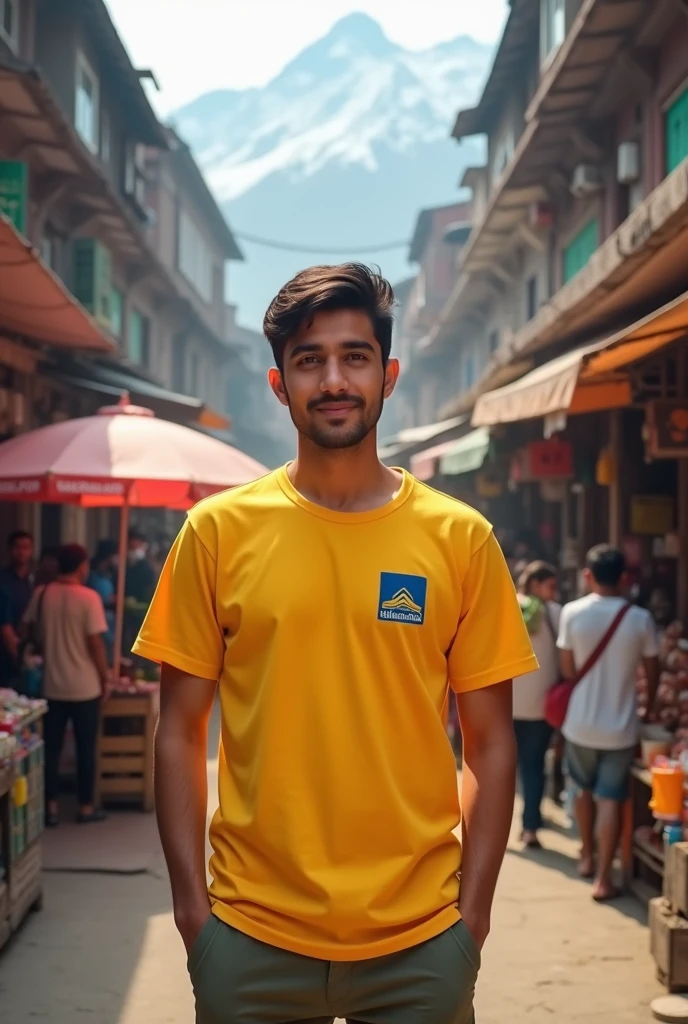 A young boy aged 30 years standing in local market of Kathmandu city wearing a yellow t shirt having a square logo in his t shirt named "Siddhartha Bank"