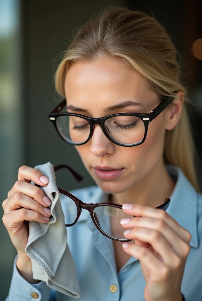 Color photo of a white American woman cleaning her spectacles with a microfiber cloth, holding the glasses in her hands, capturing a close-up of the action in a natural, realistic setting, mobile photograph, camera settings: iPhone 12 Pro, VSCO Cam app, indoor or outdoor lighting.