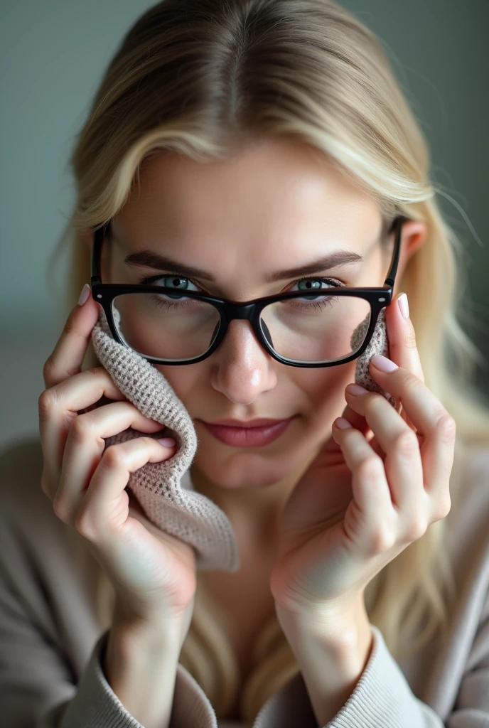 Color photo of a white American woman cleaning her spectacles with a microfiber cloth, holding the glasses in her hands, capturing a close-up of the action in a natural, realistic setting, mobile photograph, camera settings: iPhone 12 Pro, VSCO Cam app, indoor or outdoor lighting.