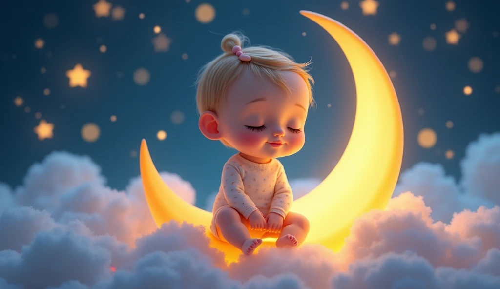 a child listening to a lullaby, gently sitting on a crescent moon in a fairytale space, many stars around, sleeping with eyes closed, cartoon style child, (best quality,4k,8k,highres,masterpiece:1.2),ultra-detailed,(realistic,photorealistic,photo-realistic:1.37),beautiful detailed eyes,beautiful detailed lips,extremely detailed eyes and face,longeyelashes,whimsical,magical,dreamlike,soft lighting,glowing stars,pastel colors,warm tones,ethereal,soothing,peaceful