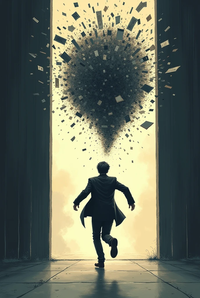 A person rushing into a church or event, looking stressed and frazzled, with a thought bubble showing cluttered, jumbled thoughts. The environment is calm and focused, in contrast to the individual's mental state.