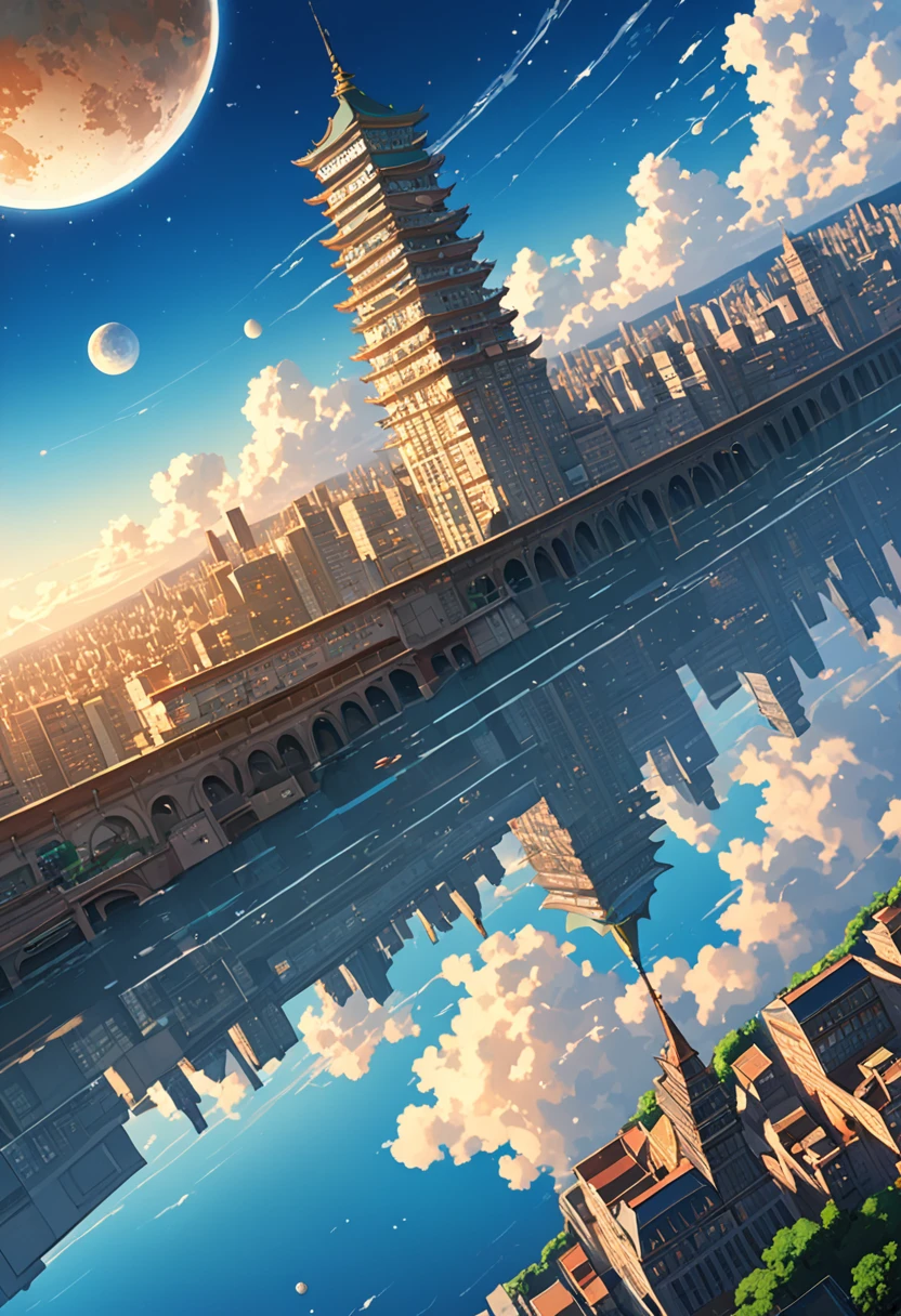 ((Background only)), ((anime:1.4,figure)),(masterpiece, Highest quality, Highest quality),(Very detailed, The absolute solution),((16K, High resolution)).(reflect), break {(anime movie by Studio Ghibli Style: 1.5)} break {A fantastic upside-down city. The city should look as if it were hanging from the sky., There is a building, street, The bridges are all upside down. Architecture should combine modern and futuristic styles., featuring Intricate details, Vibrant colors, A mix of geometric and organic shapes. 建物には尖towerが含まれるべきである, tower, Illuminated windows. The sky above the city should be filled with stars and swirling clouds., Creates a surreal, dreamlike atmosphere. Under the Inverted City, Depicts calm, clear body of water reflecting the cityscape, Enhance the mirror effect. Include subtle elements like distant planets and the moon in the sky} break { (produces images with information than 40 million pixels with cinematic-like detailed textures shot on a sony single lens reflex).} break {(((Cinematic look))), Calm tone, Insane Details, Intricate details, Ultra-detailed, Low contrast, Exposure Blending, High resolution, Beautiful blue image, (Hello Contrast),sony single lens reflex.}