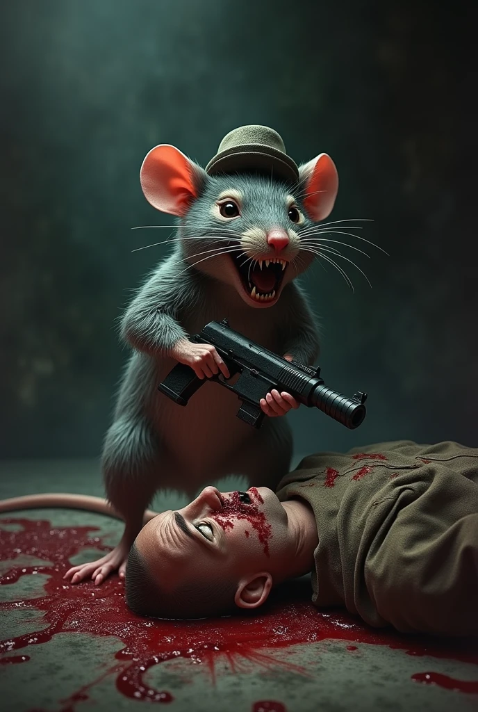 A rat with gun with hat and red blood dead body for human
