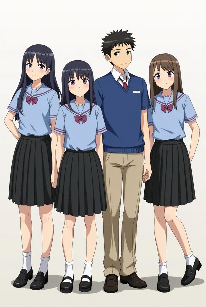Create me an image 3 students wearing blue uniform black skirts and 1 boy wearing blue uniform and khaki pants
the 3 students girls name is Abegail , Bernadeth and Hannah
the 1 students boy name is Danred