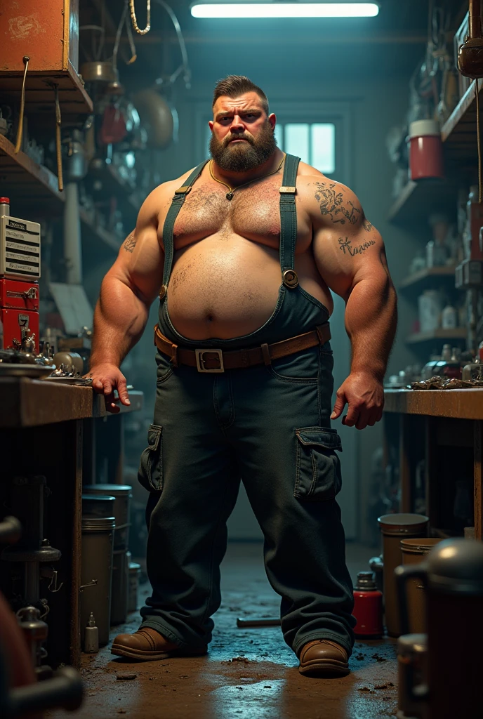mecanico parrudo de fully body, protruding belly on display, fully body, fatter, tools at your feet, messy mechanic shop background, immersive and sensual lighting