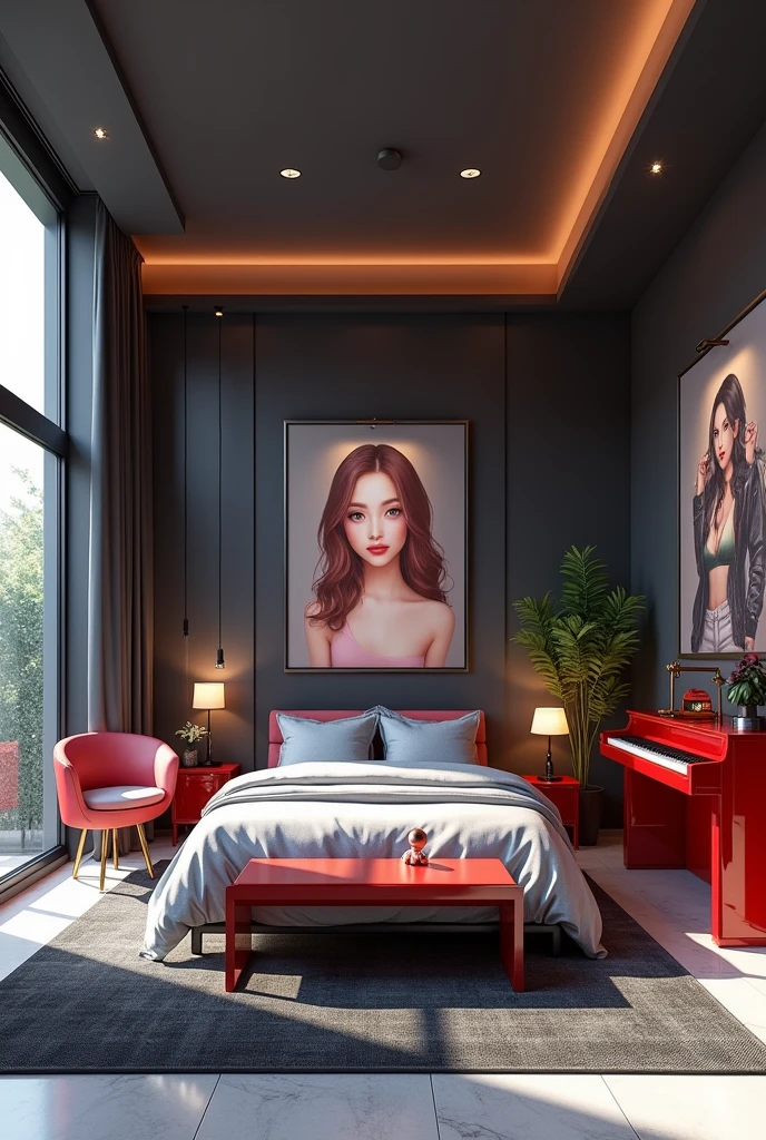 Professional 3d architecture rendering design of modern   girl teenage  room with modern dark bed and  light silver blanket and sheets modern   red glassy makeup table and glassy  chairand  glassy  red glassy piano And modern windows  and beautiful and modern  avatar painting wall with tailor suieft painting  and modern windows and showing complete bed room and light gray stone for floor and elegant  dark carpet and small ai similar human sitting on the chair 