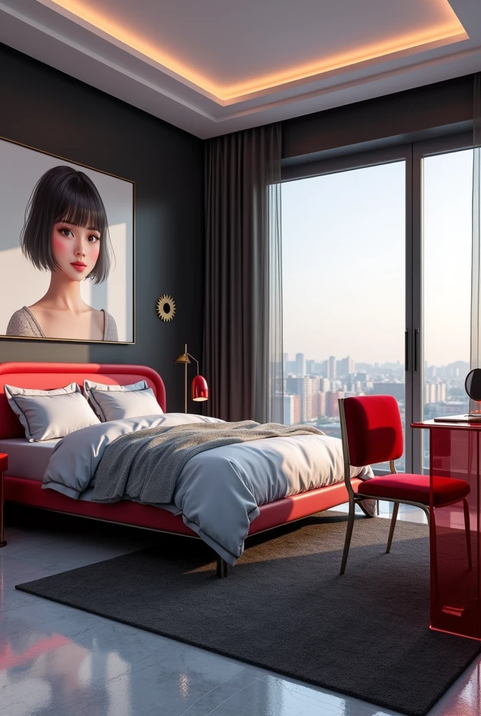 Professional 3d architecture rendering design of modern girl teenage room with modern dark bed and light silver blanket and sheets modern red glassy makeup table and glassy chairand glassy red glassy piano And modern windows and beautiful and modern avatar painting wall with tailor suieft painting and modern windows and showing complete bed room and light gray stone for floor and elegant dark carpet and small ai similar human sitting on the chair