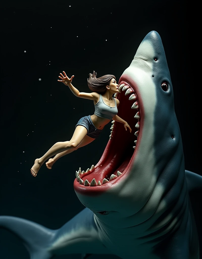 an unleaded woman diving in shark mouth in water, action figure, menacing horror character, ultra detailed, plain black background