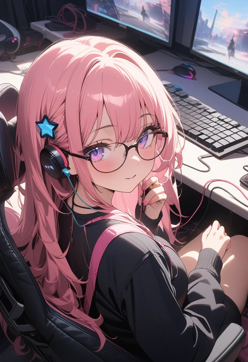 1 girl, ((Hacker girl)), geek, cute girl, fluffy hair, light reflecting in the eyes, (detailed beautiful eyes),
(so many monitors), keyboard, cables, earphones, glasses, gaming chair, dark and messy room,
((very detailed, ultra-high resolution, absurdres, highres, masterpiece, best quality, very aesthetic, fine texture, newest, perfect lighting, best shadow, sharp focus, high color saturation)), (anatomically correct, perfect hands), (professional photography), ((anime art style)),