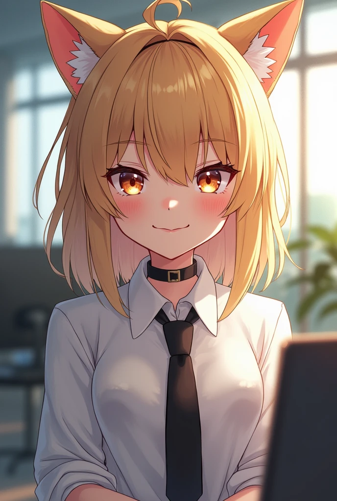 nsfw, masterpiece, (best quality:1.2), (sharp focus:1.2),, 1 girl, slim girl,, (blonde|light_yellow hair), cat ears,, detailed face, young|cute face, blush, evil smile,, natural breasts, thin arms,, white collared shirt with black tie, black choker,, in a modern office, indoor