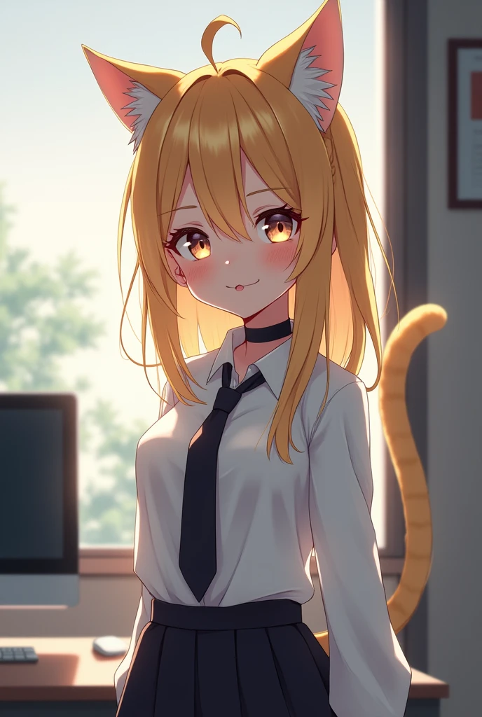 nsfw, masterpiece, (best quality:1.2), (sharp focus:1.2),, 1 girl, slim girl,, (blonde|light_yellow hair), cat ears,, detailed face, young|cute face, blush, evil smile,, natural breasts, thin arms,, white collared shirt with black tie, black choker,, in a modern office, indoor