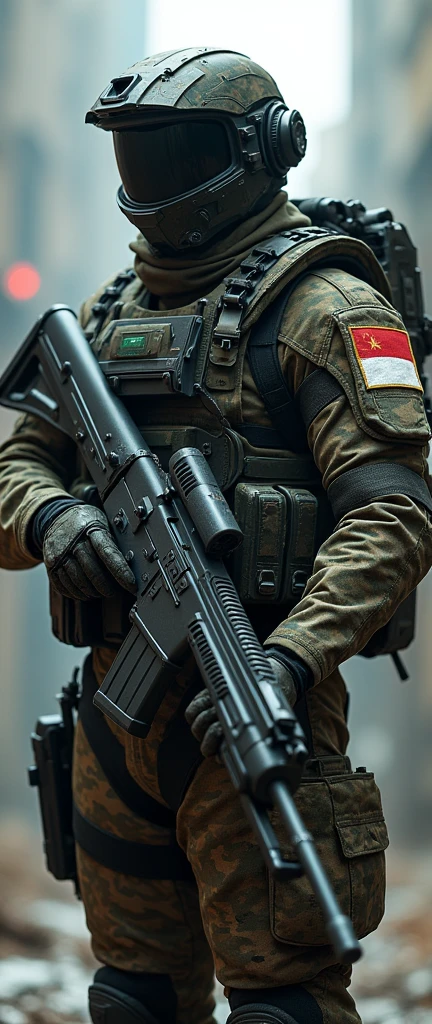 a TNI Kopassus Soldier Indonesia with indonesian flag badge wearing futuristic battle suit camouflage holding a large futuristic weapon, wearing a high tech futuristic helmet with nightvusion wearing futuristic military backpack