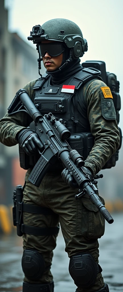 a TNI Kopassus Soldier Indonesia with indonesian flag badge wearing futuristic battle suit camouflage holding a large futuristic weapon, wearing a high tech futuristic helmet with nightvusion wearing futuristic military backpack